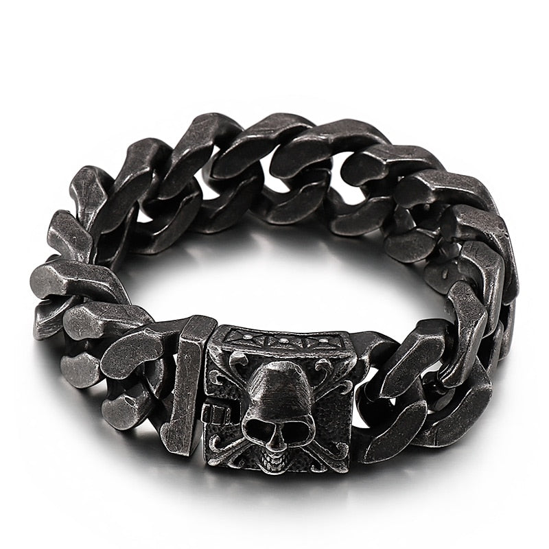 Gothic Skull and Crossbones Cuban Chain Bracelet