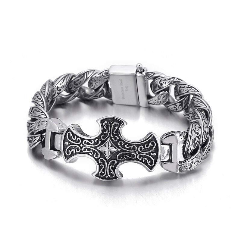 Viking Cross Ancient Scrollwork Mens Bracelet