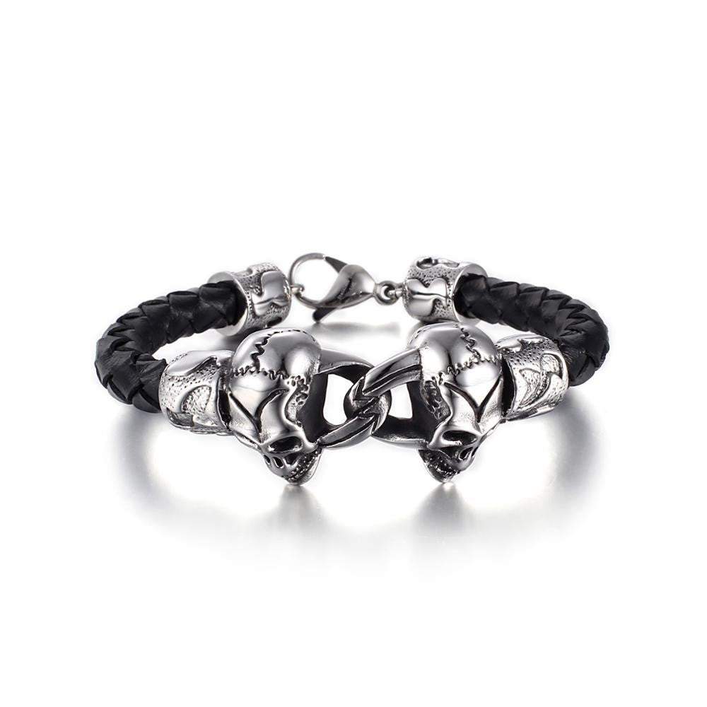 Joined Skulls Steel and Braided Leather Mens Bracelet