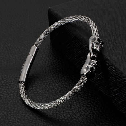 Skull Signet Twisted Wire Mens Bracelet