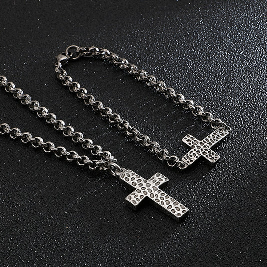 Hammered Cross Pendant Necklace and Bracelet Set