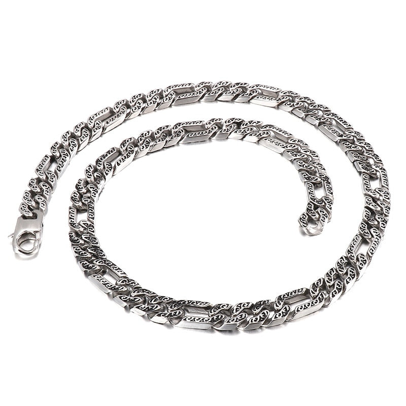 Wave Scrollwork Mens Figaro Chain Necklace