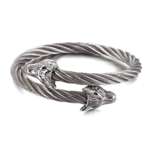 Wolf Head Twisted Metal Bangle Bracelet