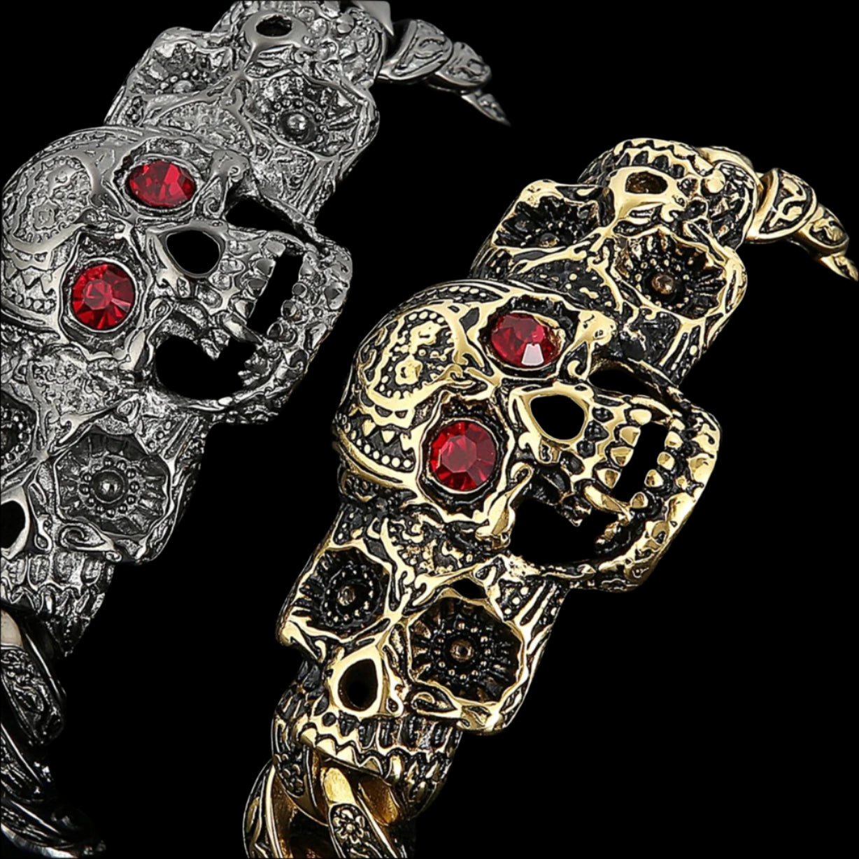 Garnet and Steel Sugar Skull Mens Bracelet