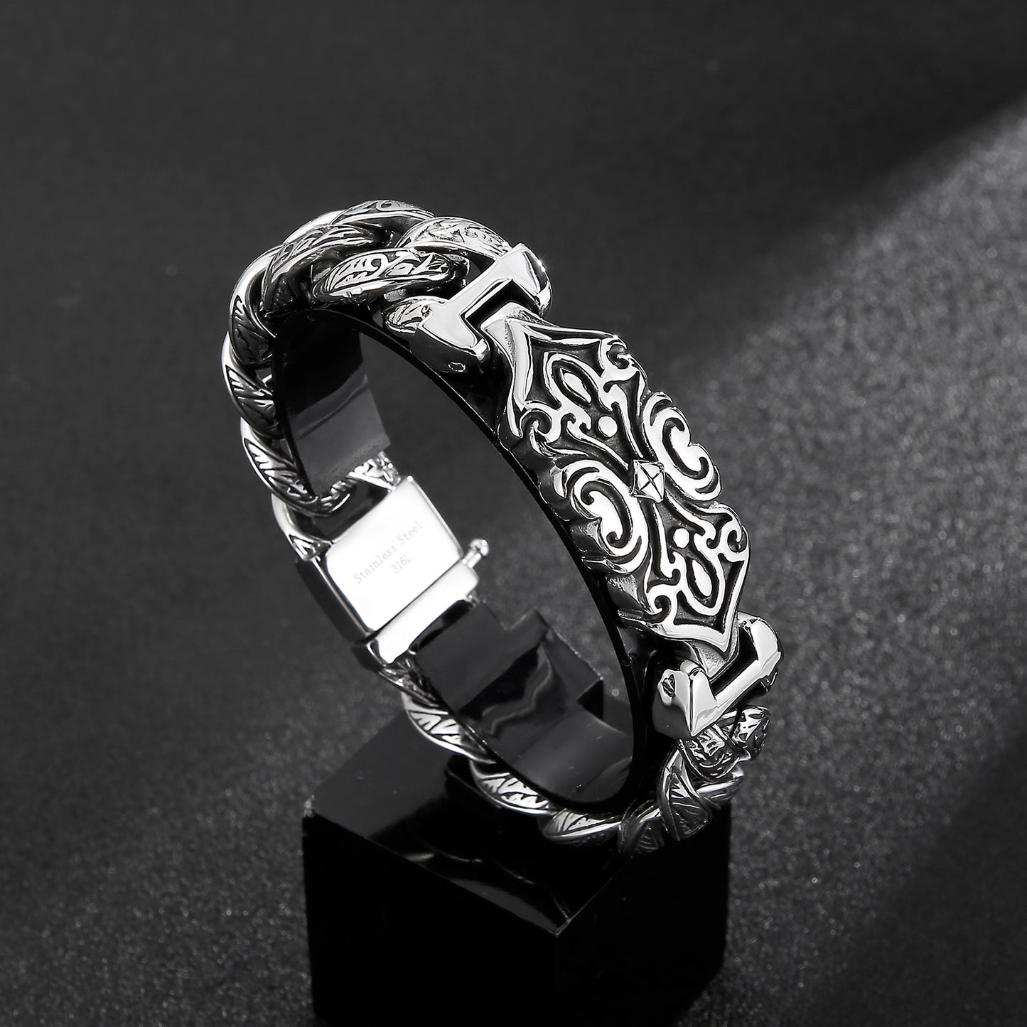 Viking Cross Ancient Scrollwork Mens Bracelet
