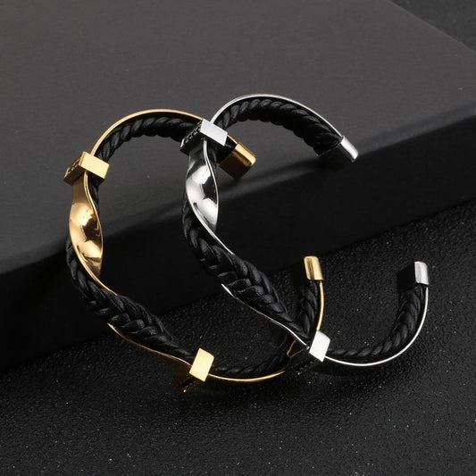 Modern Steel and Leather Bangle Bracelet
