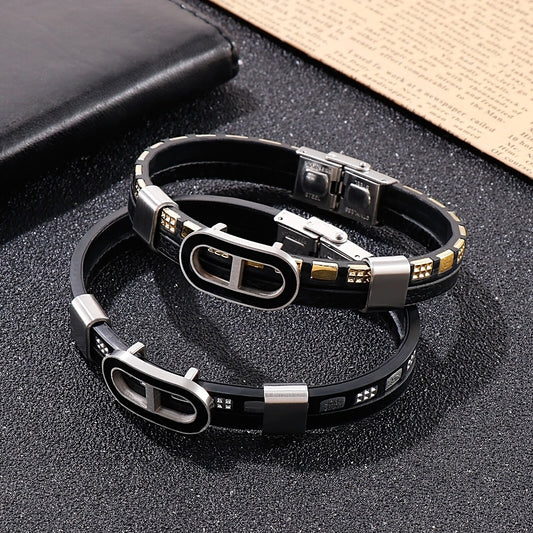 Minimalist Leather and Steel Tab Closure Mens Bracelet