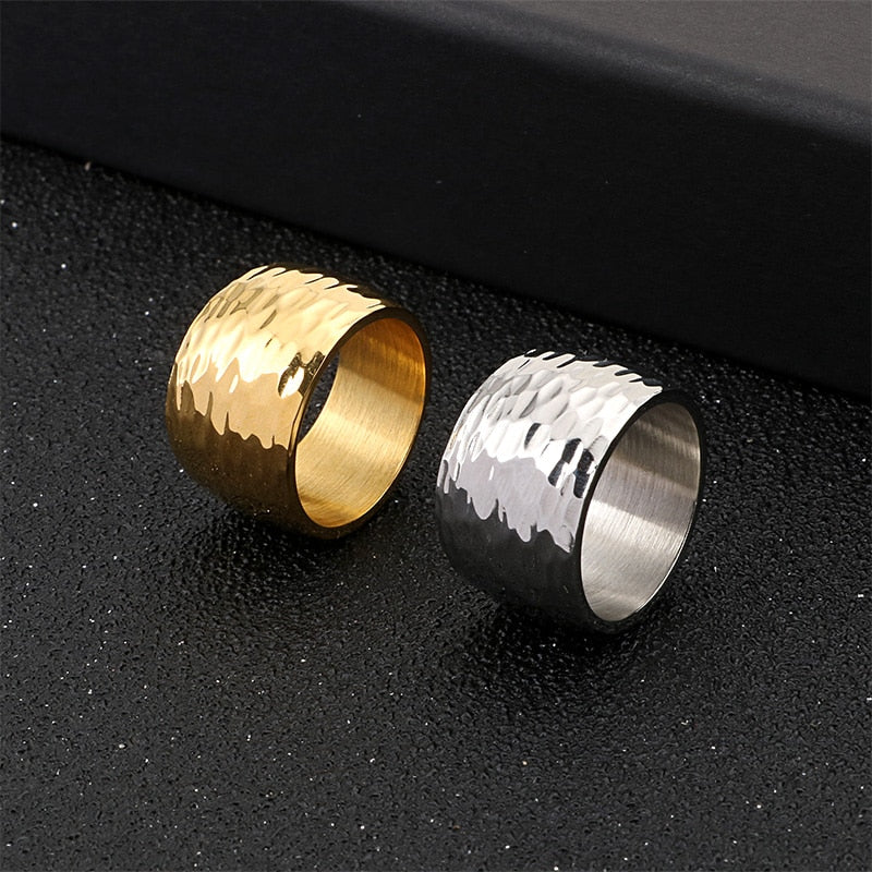 Wave Line Thick Hammered Mens Ring