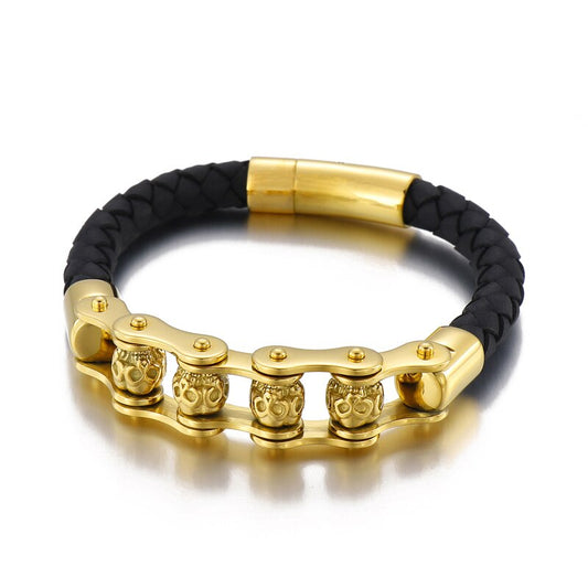 Skull Bicycle Chain Steel and Leather Mens Bracelet
