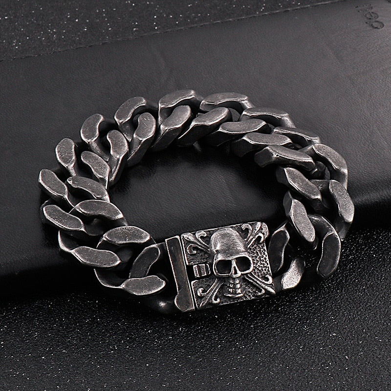 Gothic Skull and Crossbones Cuban Chain Bracelet