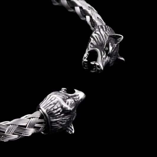 Modern Braided Steel Wolf Bangle Bracelet