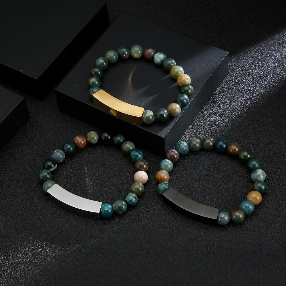 Jade Stone Bead Mens Bracelet with Bar Clasp