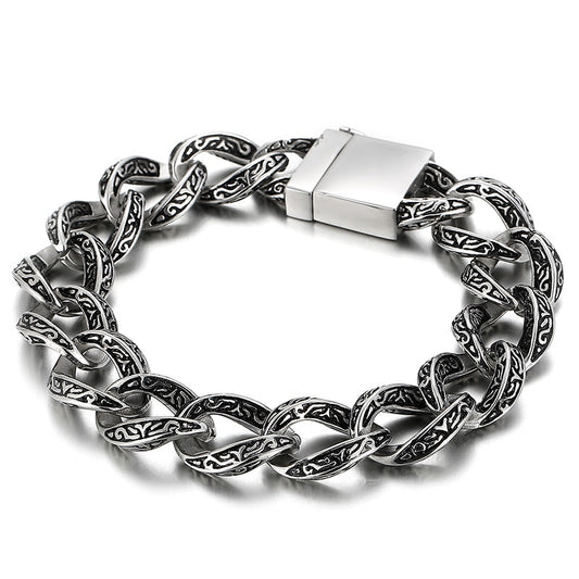 Heavy Clasp Engraved Cuban Chain Bracelet