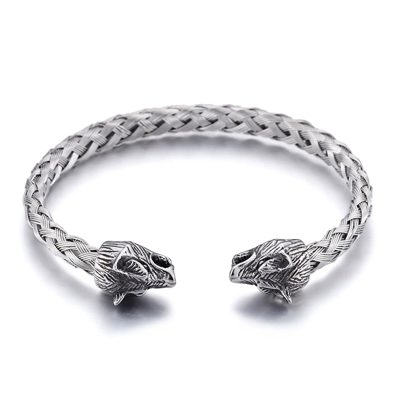 Modern Braided Steel Wolf Bangle Bracelet
