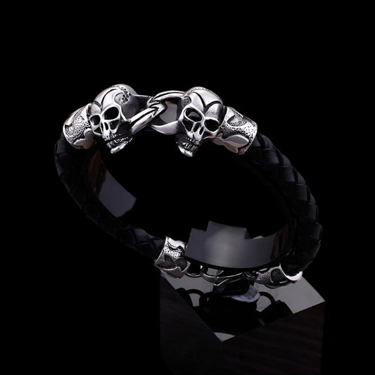 Joined Skulls Steel and Braided Leather Mens Bracelet