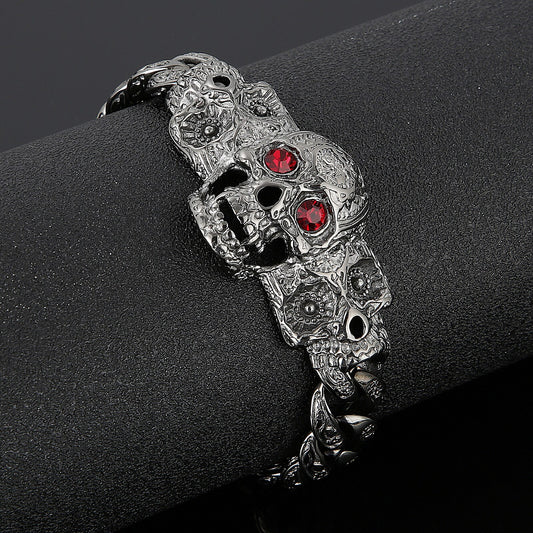 Garnet and Steel Sugar Skull Mens Bracelet