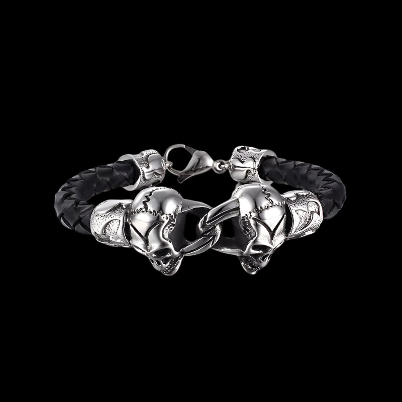 Joined Skulls Steel and Braided Leather Mens Bracelet