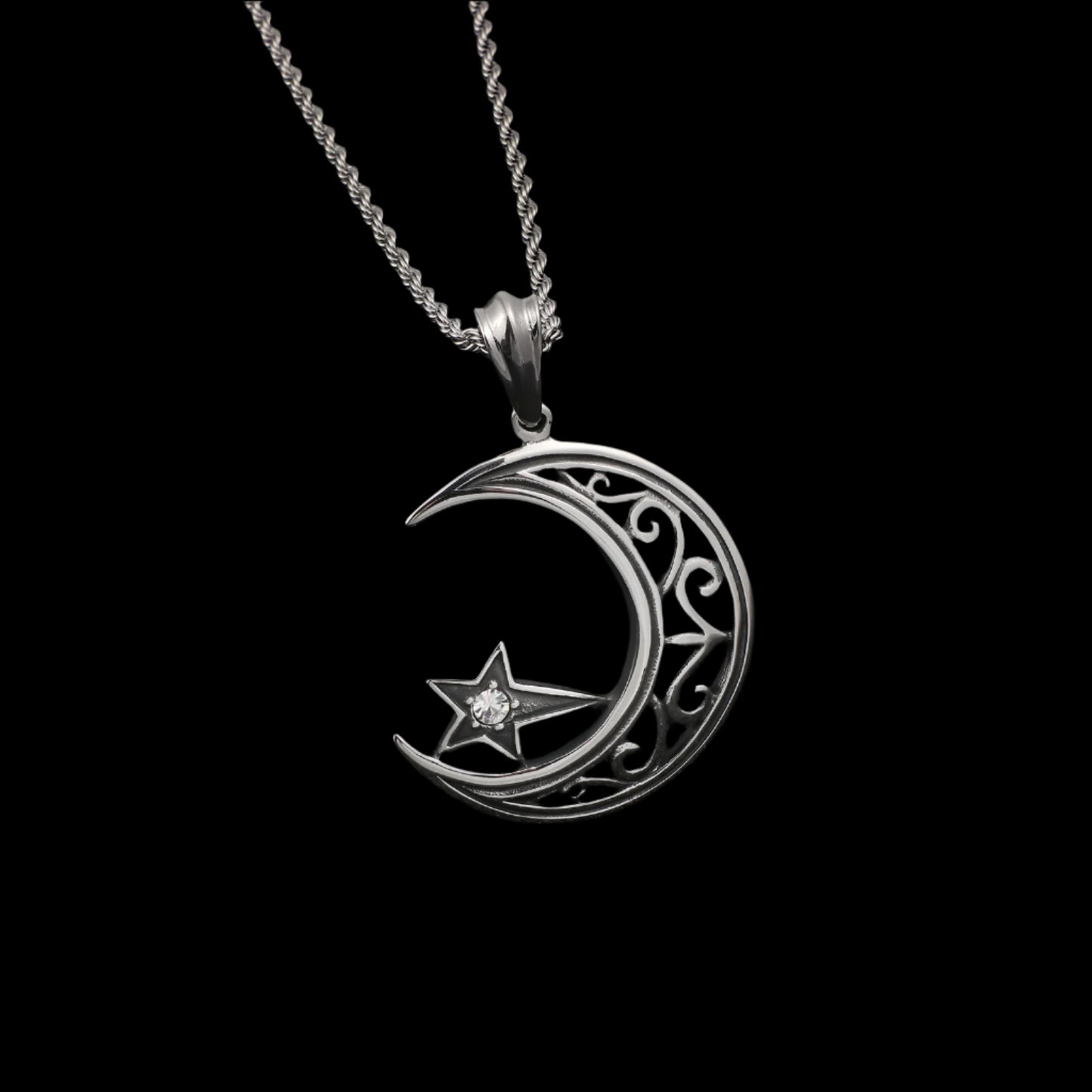 Moon and Star Scrollwork Pendant Necklace