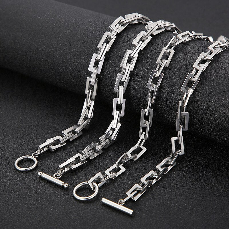 Minimalist Hollow Square Link Mens Necklace and Bracelet Set