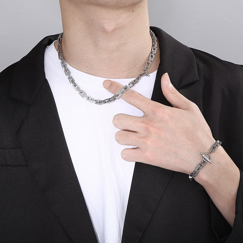 Minimalist Hollow Square Link Mens Necklace and Bracelet Set