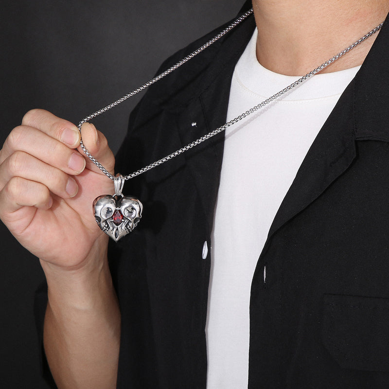 Skull Heart and Garnet Pendant Necklace