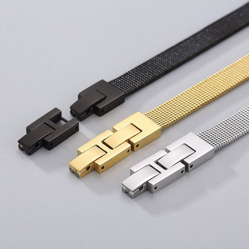 Sleek Low Profile Metal Mesh Mens Bracelet