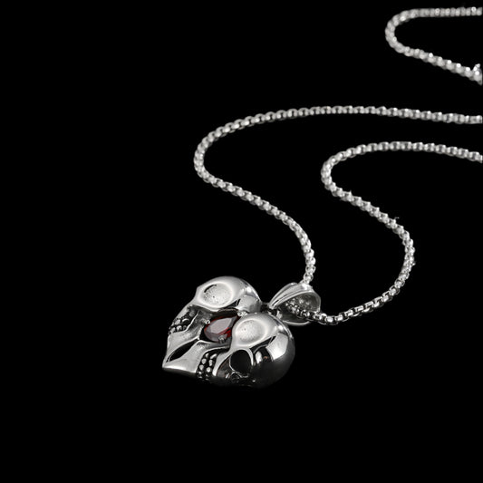 Skull Heart and Garnet Pendant Necklace
