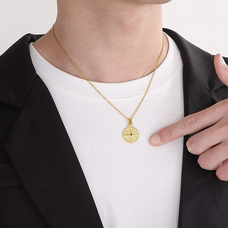Compass Pendant Mens Necklace