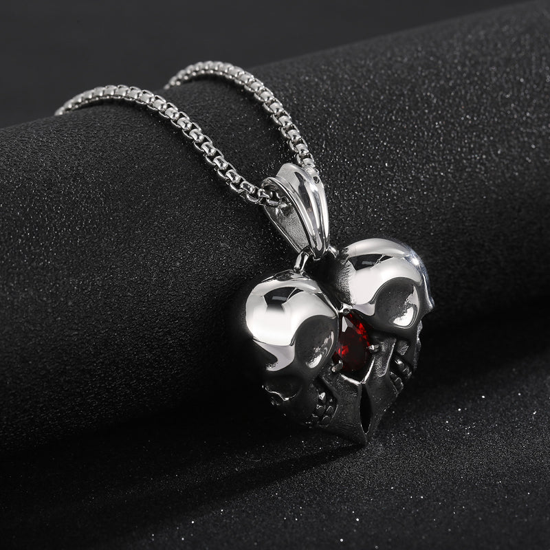 Skull Heart and Garnet Pendant Necklace