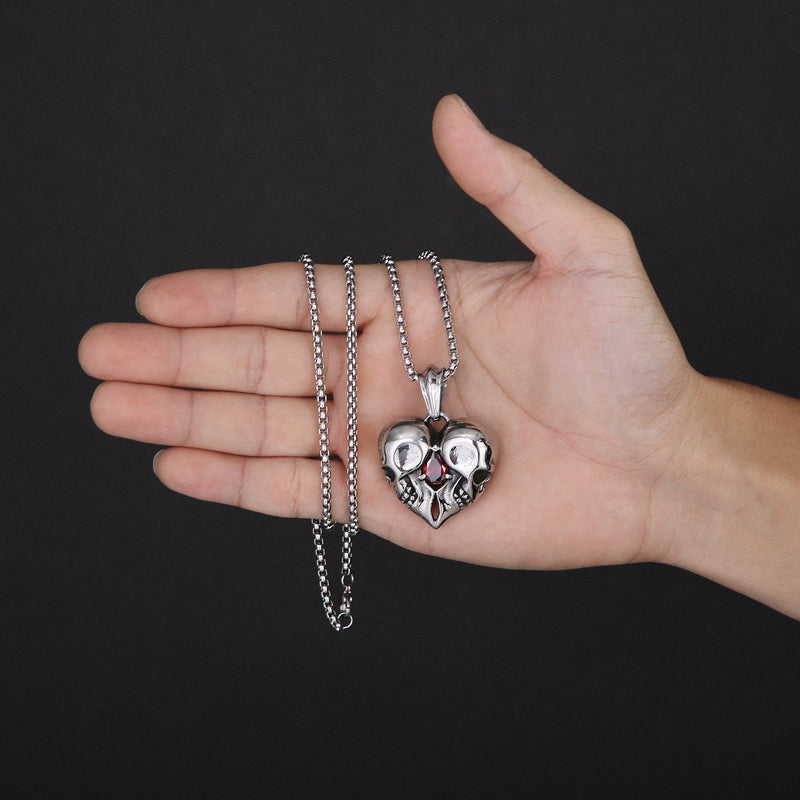 Skull Heart and Garnet Pendant Necklace