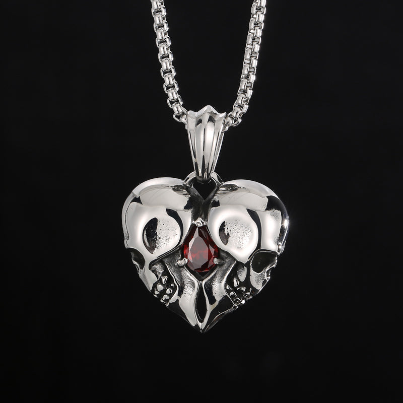 Skull Heart and Garnet Pendant Necklace