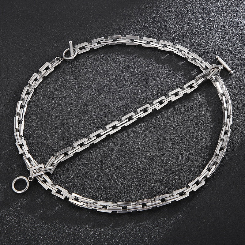 Minimalist Hollow Square Link Mens Necklace and Bracelet Set