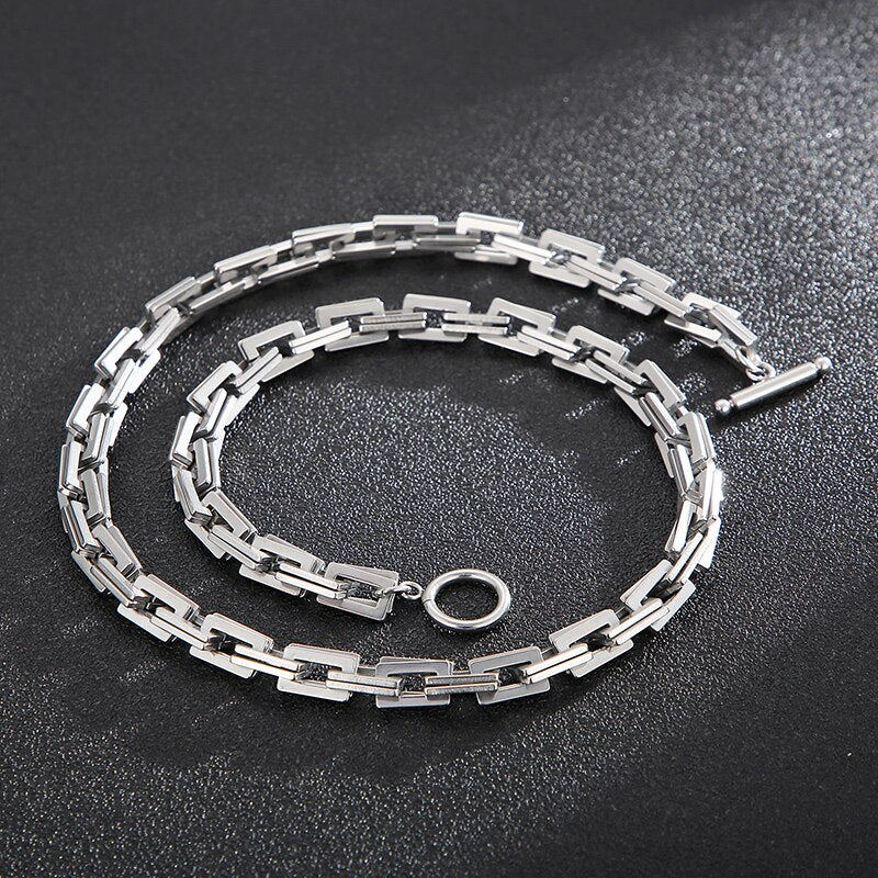 Minimalist Hollow Square Link Mens Necklace and Bracelet Set