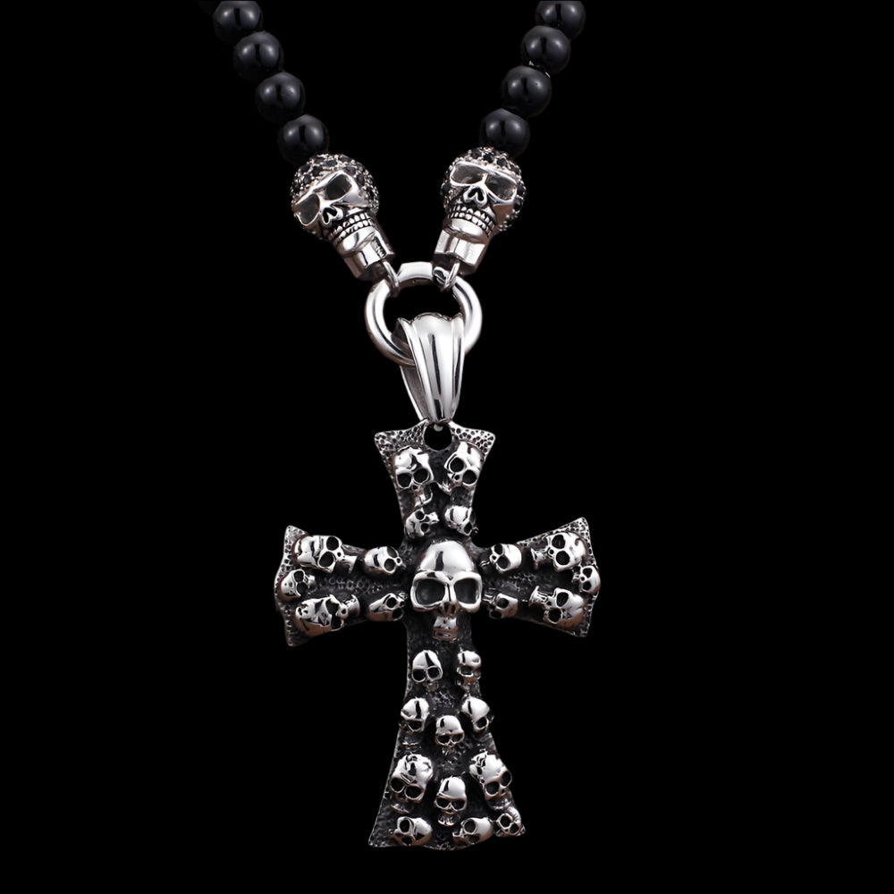 Skull Cross Stone Bead Mens Necklace