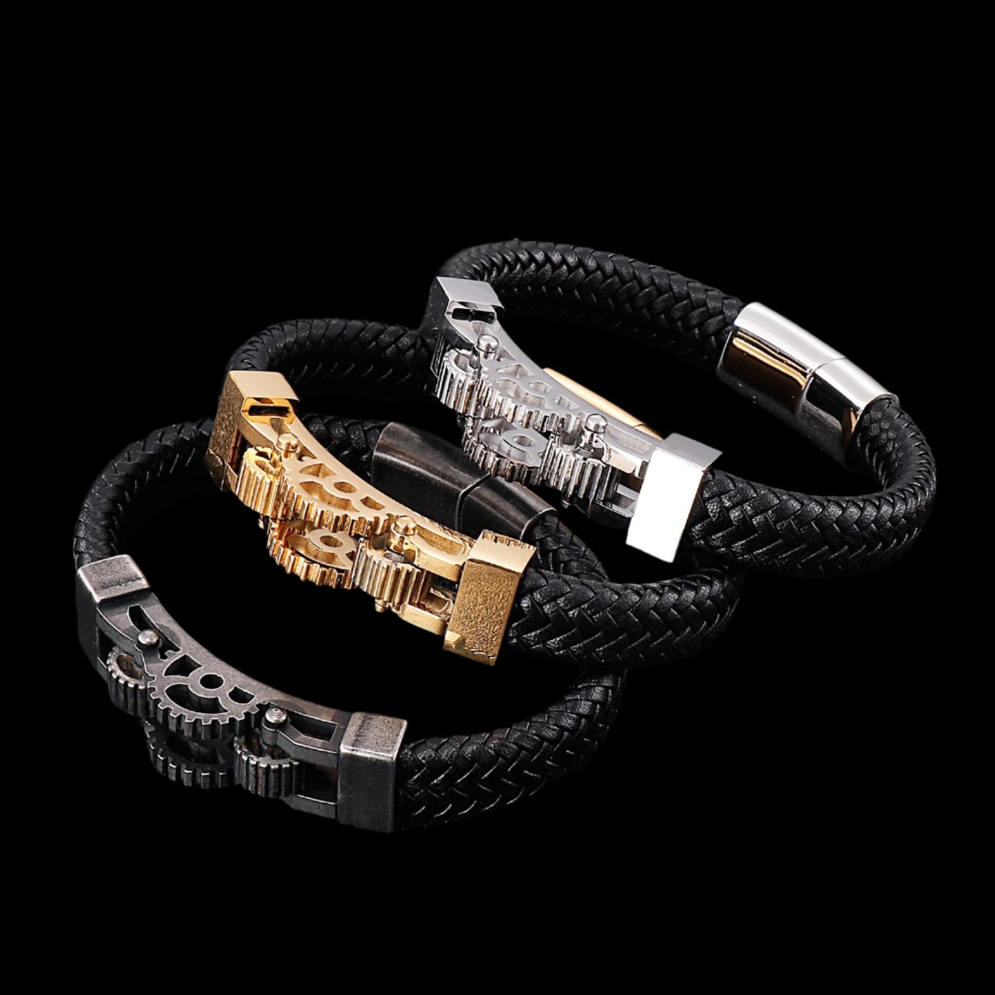 Steampunk Braided Leather and Gears Bracelet