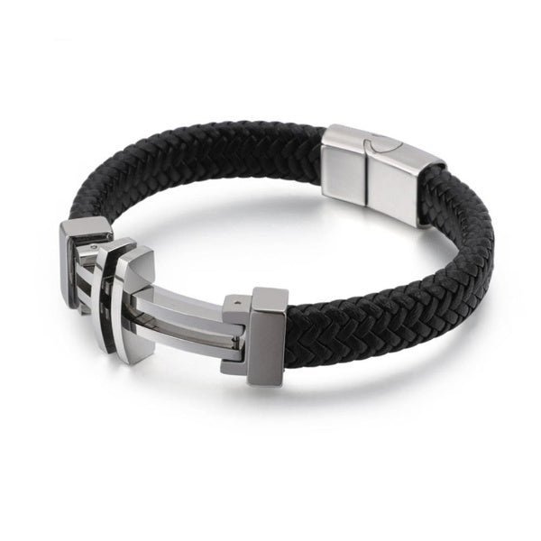 Minimalist Steel and Leather Cross Bracelet