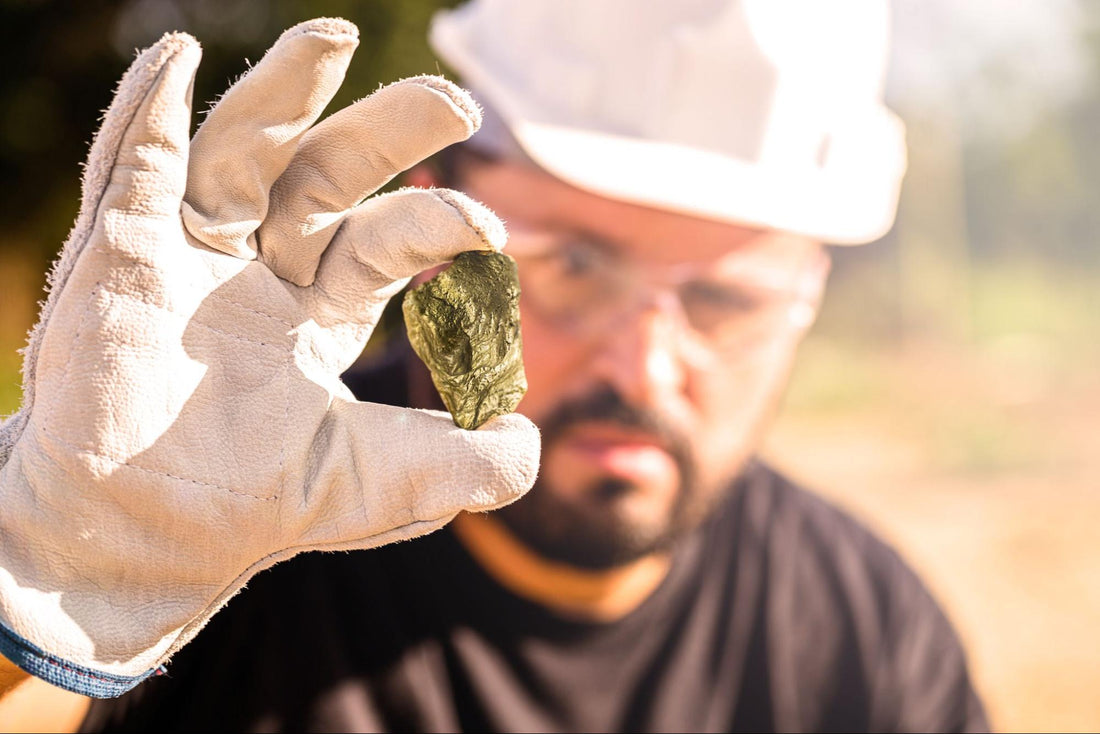 Geologist wearing safety gear holding up a mineral sample during a field examination