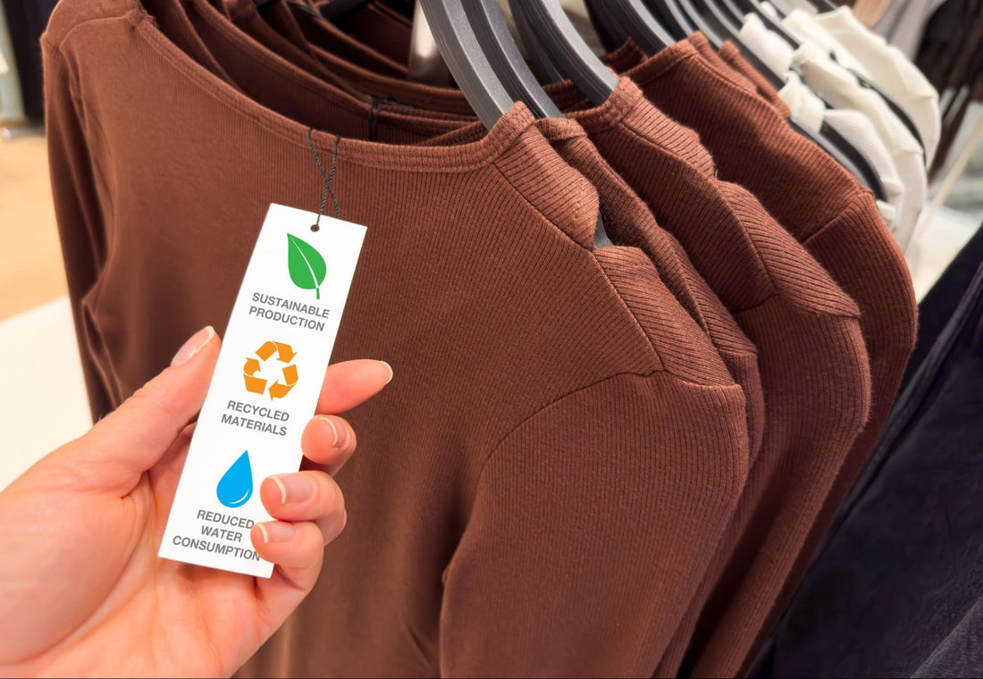 A close-up of a brown ribbed shirt on a clothing rack with a hand holding a tag that highlights sustainable production, recycled materials, and reduced water consumption.
