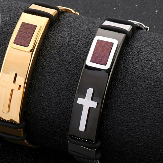 Cross and Leather Band Mens Bracelet