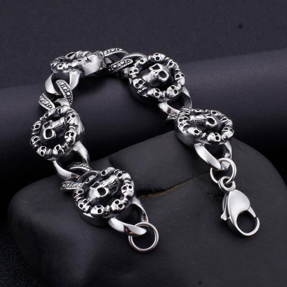 Skull Head Round Bracelet Men Stainless Steel Vintage Gothic Retro Curb Chain Mens Bracelets Jewelry