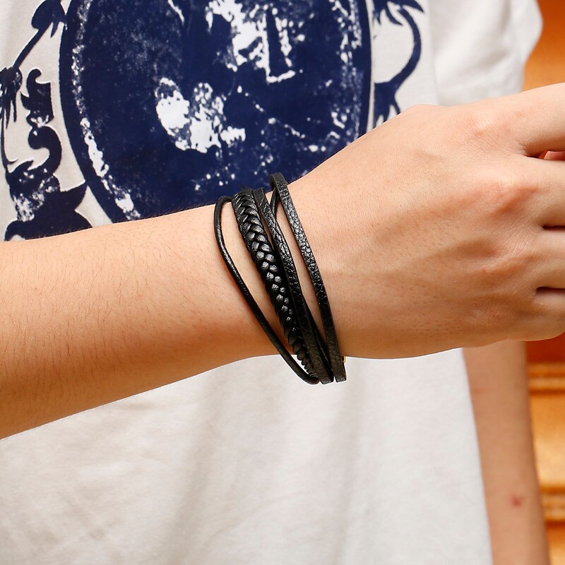 Steel and Leather Punk Layering Bracelets