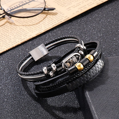 Rock Multi Layer Men Leather Bracelet Stainless Steel Beads Charm Trendy Punk Male Bangle Jewelry