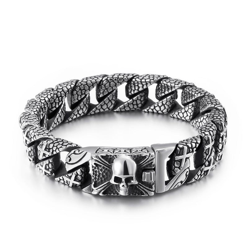 Vintage Skull Skeleton Face Men Bracelet Stainless Steel Cross Punk Cool Boy Fashion Armband Male Fashion Jewelry