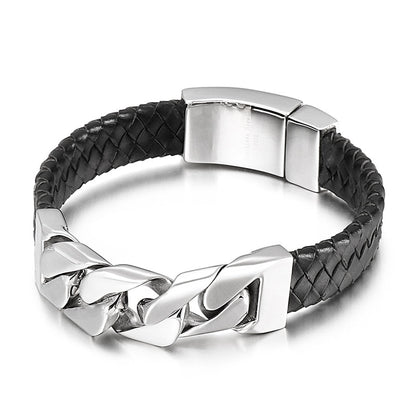 Leather and Stainless Steel Chain Bracelet