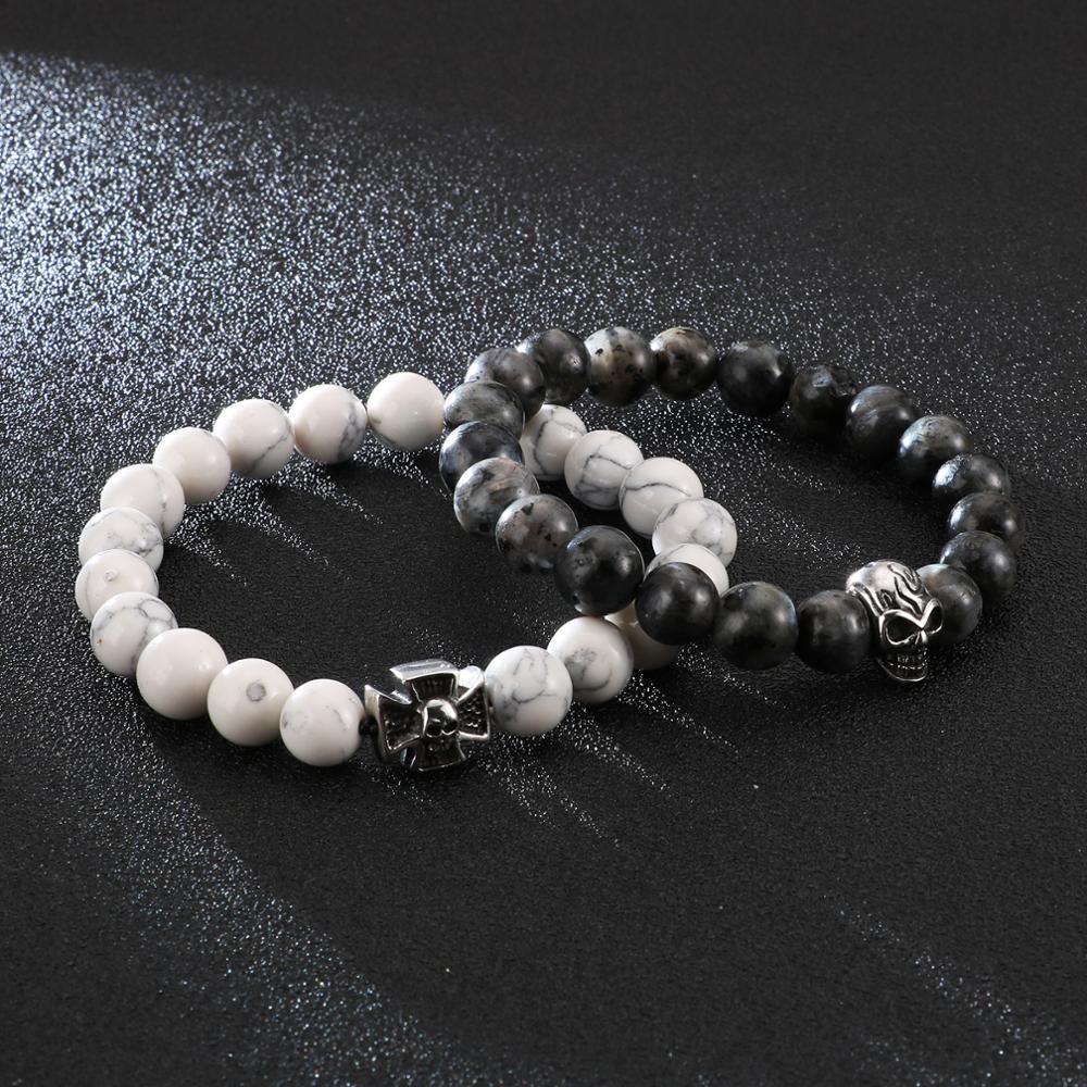 Skull Head Charms Cross Beaded Mens Bracelet Natural Stone Punk Wholesale Cheap Bracelets Fashion Jewelry