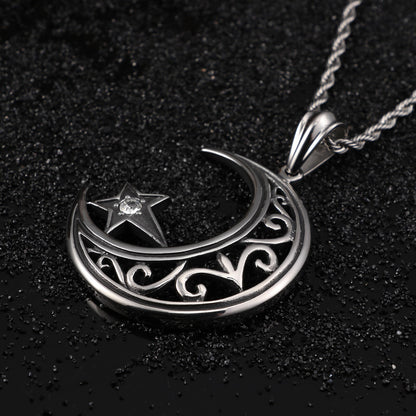 Moon and Star Scrollwork Pendant Necklace