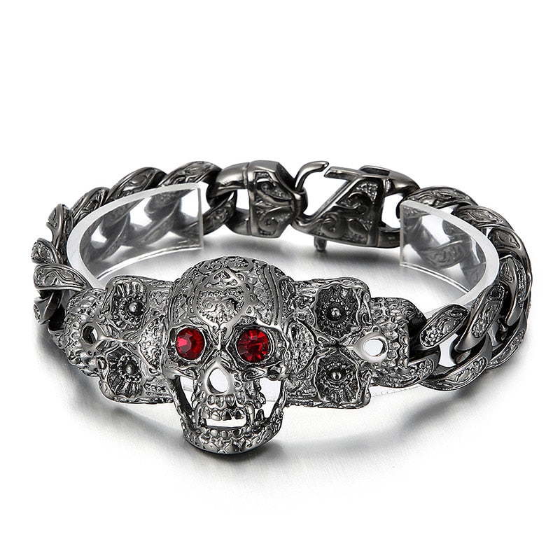 Garnet Eye Engraved Scrollwork Skull Death Rite Bracelet