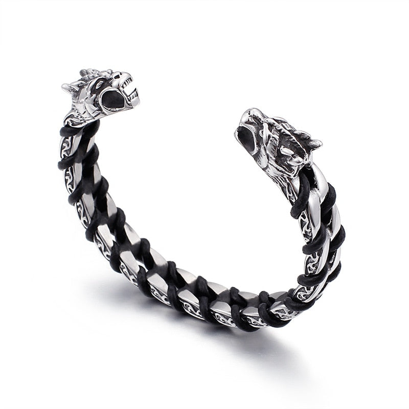 Dragon Steel and Leather Bangle Bracelet