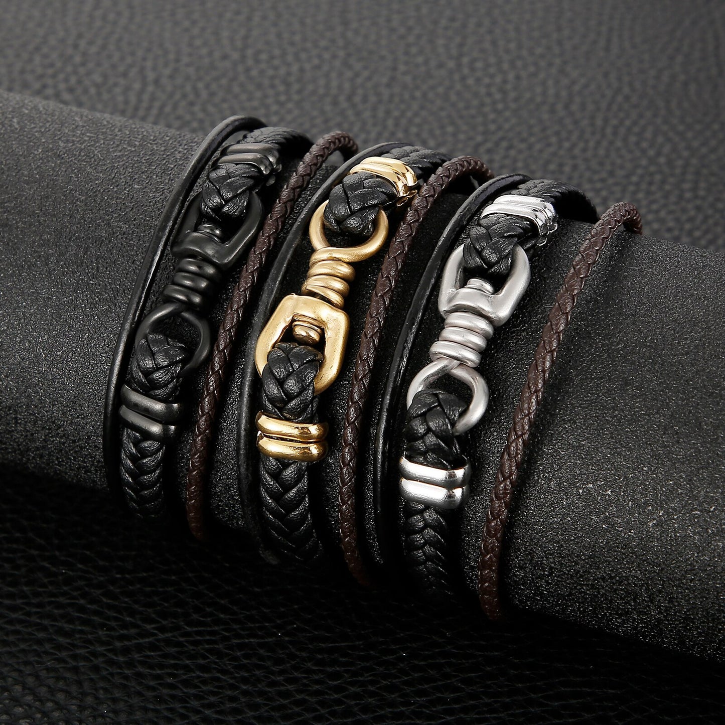 Rock Band Classic Leather Braided Multi-Layer Men Bracelet Screw Stainless Steel Charm Trendy Bangle Male Jewelry