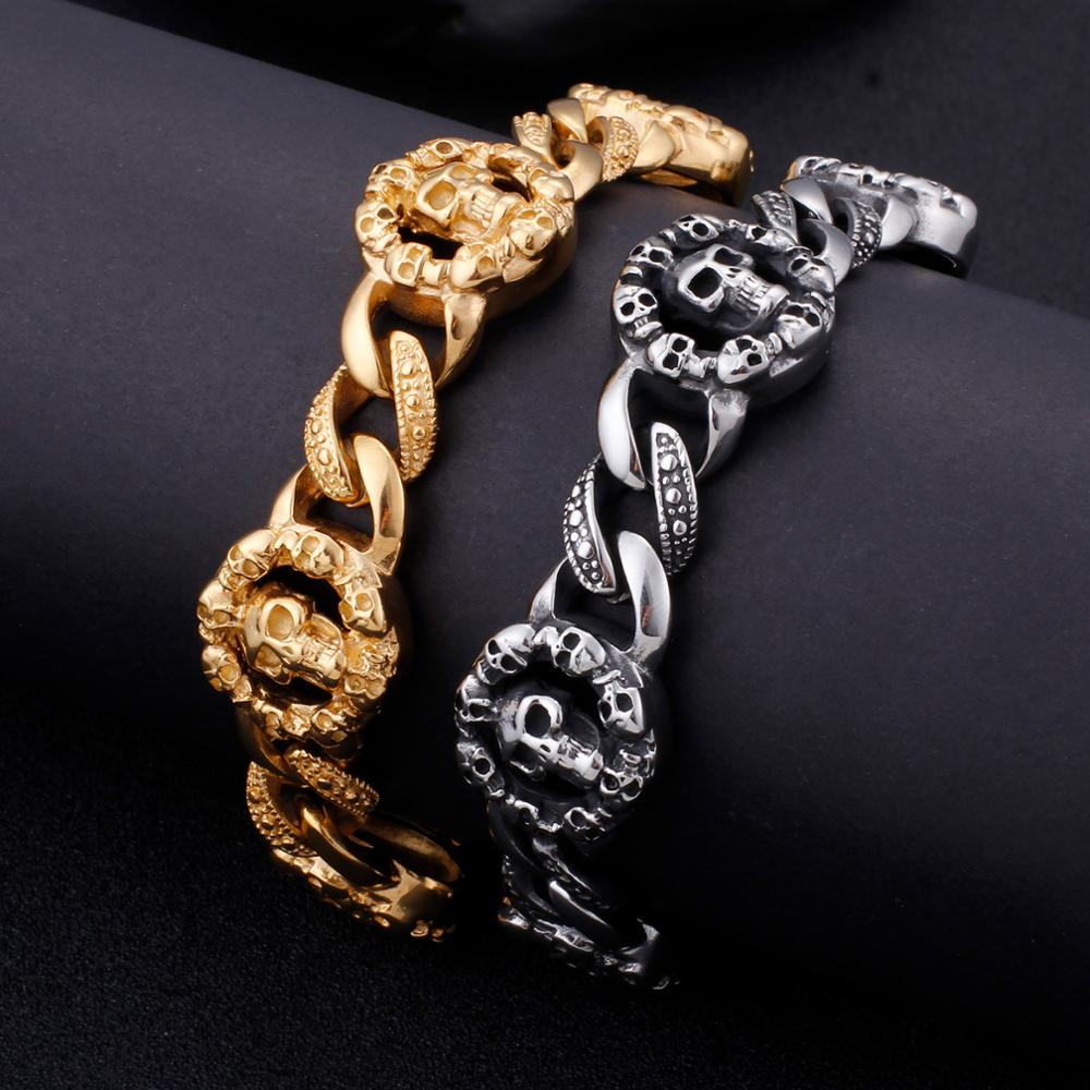 Skull Head Round Bracelet Men Stainless Steel Vintage Gothic Retro Curb Chain Mens Bracelets Jewelry